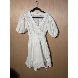 Scotch & Soda Maison Scotch White Eyelet Wrap Dress Puff Sleeve Ruffle Hem L